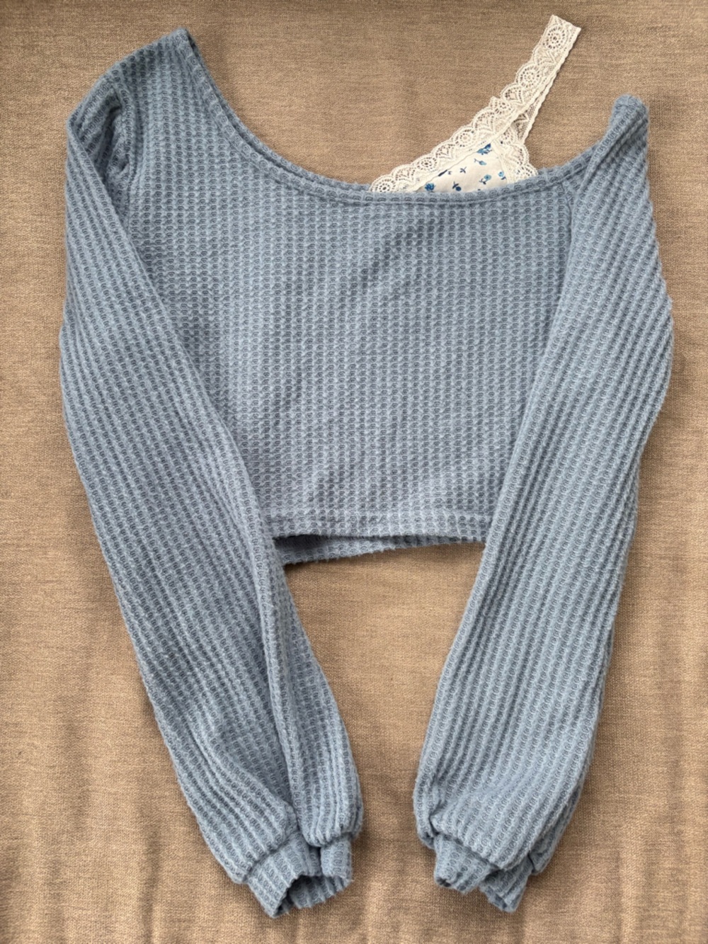 ROMWE Soft Blue Off-the-Shoulder Waffle Knit Sweater